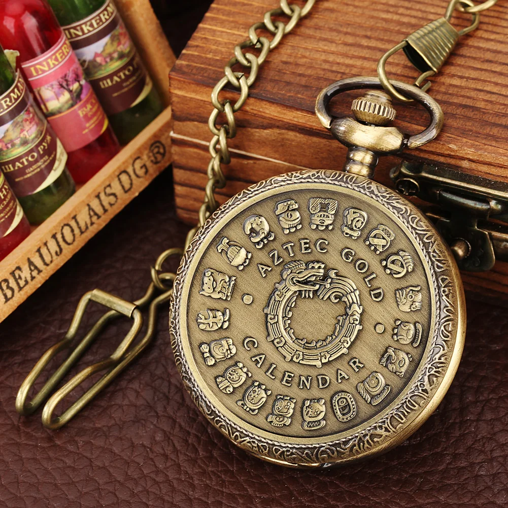 Bronze Mexican Maya Aztec Calendar Art Prophecy Culture Gold Plated Coin Quartz Pocket Watch with 80cm Necklace/38cm Waist Chain