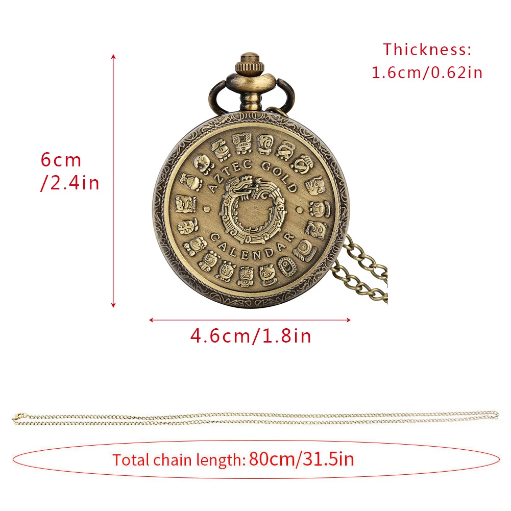 Bronze Mexican Maya Aztec Calendar Art Prophecy Culture Gold Plated Coin Quartz Pocket Watch with 80cm Necklace/38cm Waist Chain
