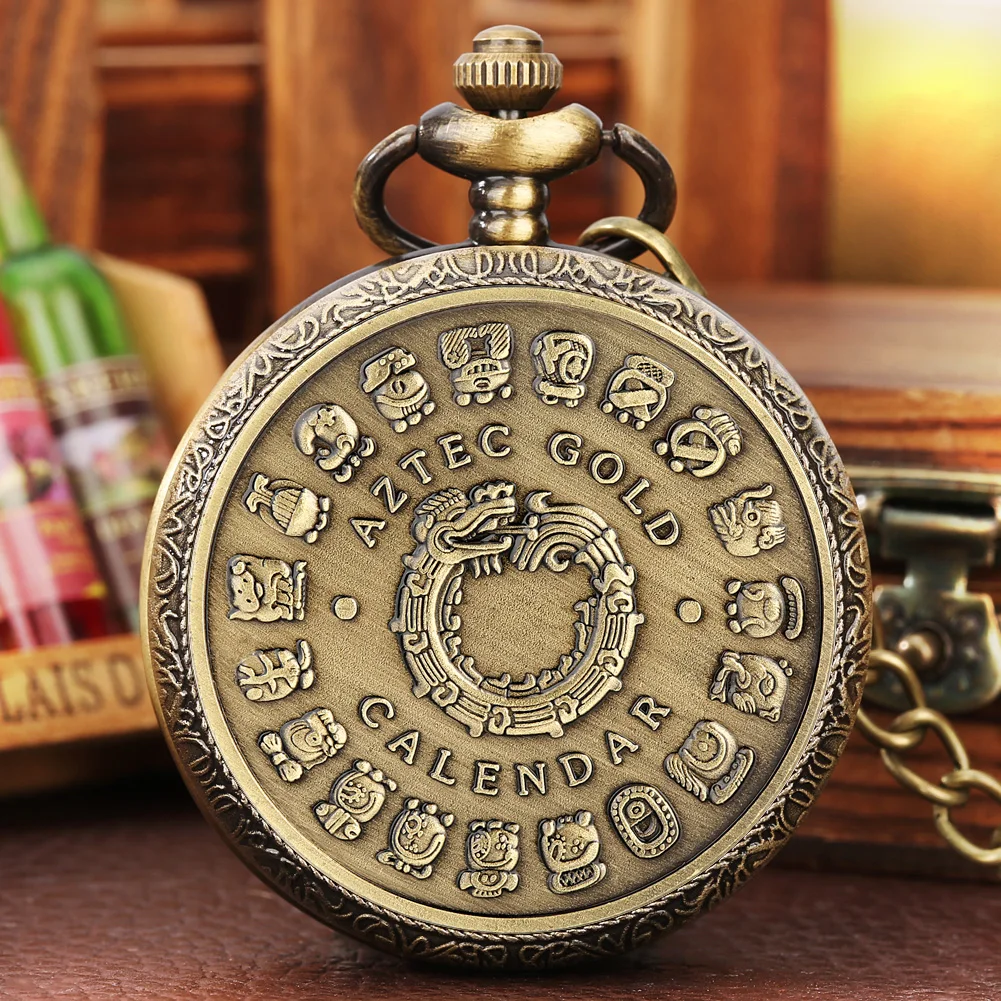 Bronze Mexican Maya Aztec Calendar Art Prophecy Culture Gold Plated Coin Quartz Pocket Watch with 80cm Necklace/38cm Waist Chain