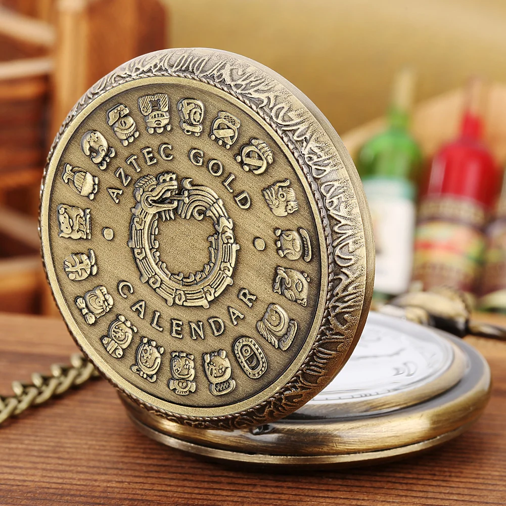 Bronze Mexican Maya Aztec Calendar Art Prophecy Culture Gold Plated Coin Quartz Pocket Watch with 80cm Necklace/38cm Waist Chain