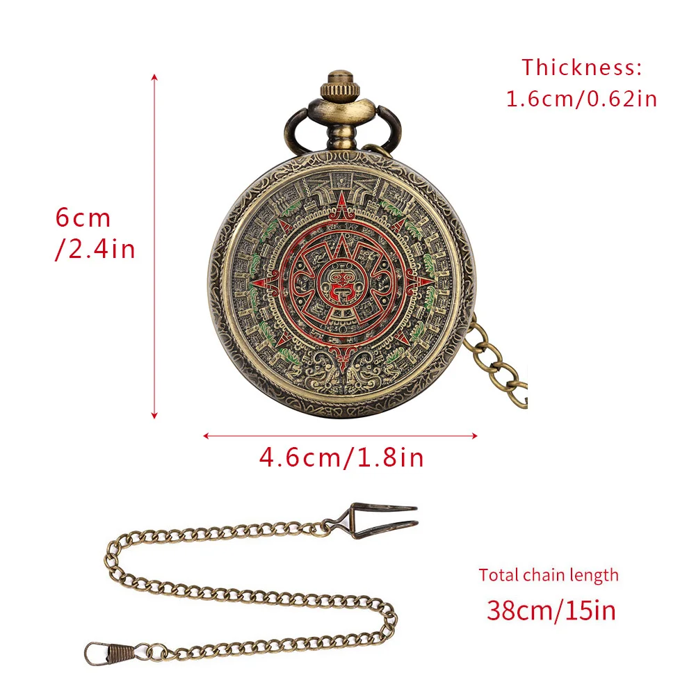 Bronze Mexican Maya Aztec Calendar Art Prophecy Culture Gold Plated Coin Quartz Pocket Watch with 80cm Necklace/38cm Waist Chain