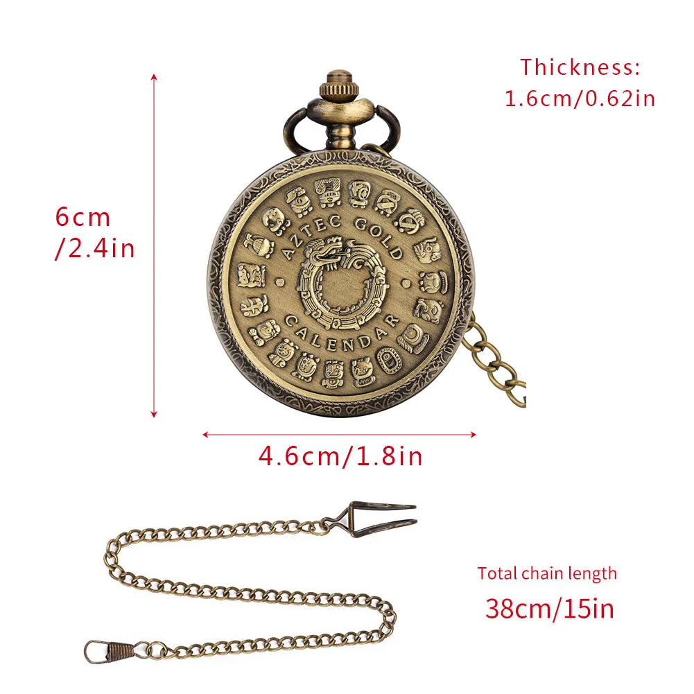 Bronze Mexican Maya Aztec Calendar Art Prophecy Culture Gold Plated Coin Quartz Pocket Watch with 80cm Necklace/38cm Waist Chain