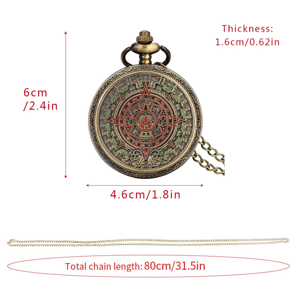 Bronze Mexican Maya Aztec Calendar Art Prophecy Culture Gold Plated Coin Quartz Pocket Watch with 80cm Necklace/38cm Waist Chain