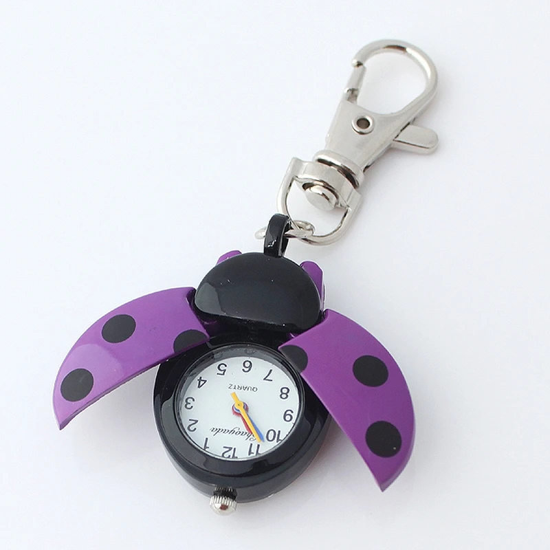 10pcs /Lot, Wholesale Mixed Colors Bulk Brand Fashion Beetles Ladybug Pocket Pendant Key Ring Chain Quartz Dress Watches