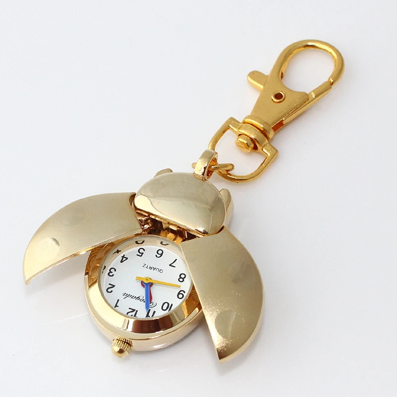 10pcs /Lot, Wholesale Mixed Colors Bulk Brand Fashion Beetles Ladybug Pocket Pendant Key Ring Chain Quartz Dress Watches