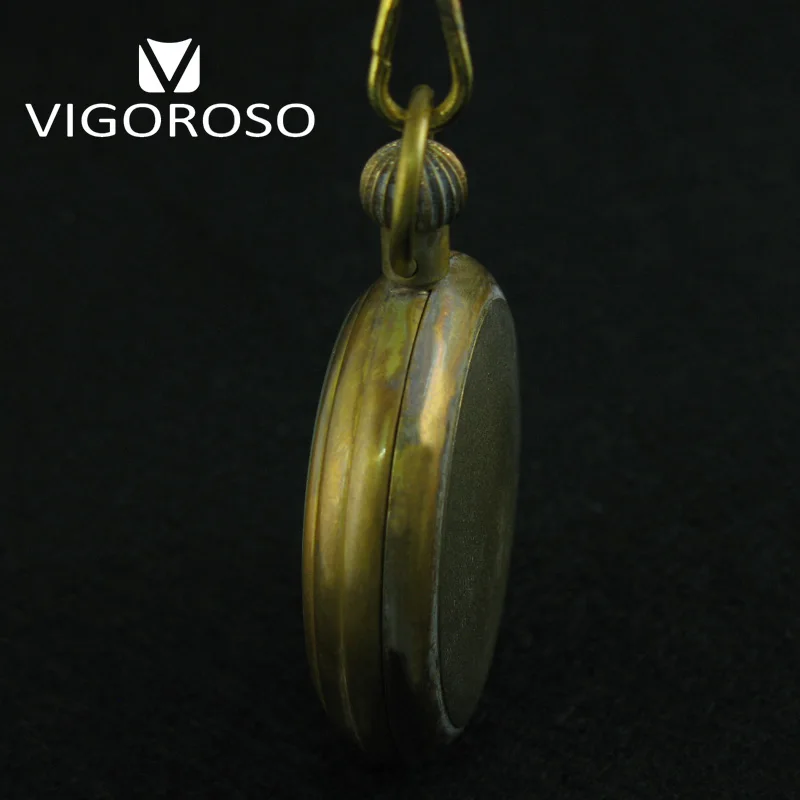 VIGOROSO Collectible Antique Old Copper Mechanical Pocket Watch FOB Chain Hand Winding Roman Numerals 12/24 Hours Vintage Clock