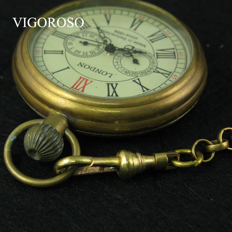 VIGOROSO Collectible Antique Old Copper Mechanical Pocket Watch FOB Chain Hand Winding Roman Numerals 12/24 Hours Vintage Clock