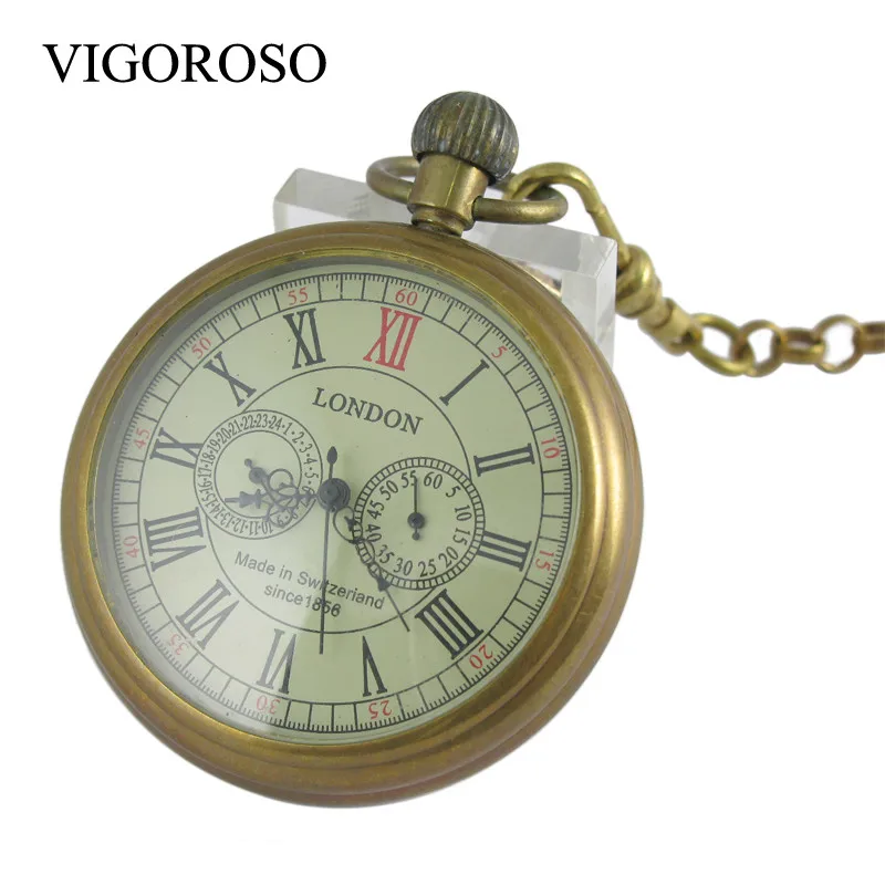 VIGOROSO Collectible Antique Old Copper Mechanical Pocket Watch FOB Chain Hand Winding Roman Numerals 12/24 Hours Vintage Clock