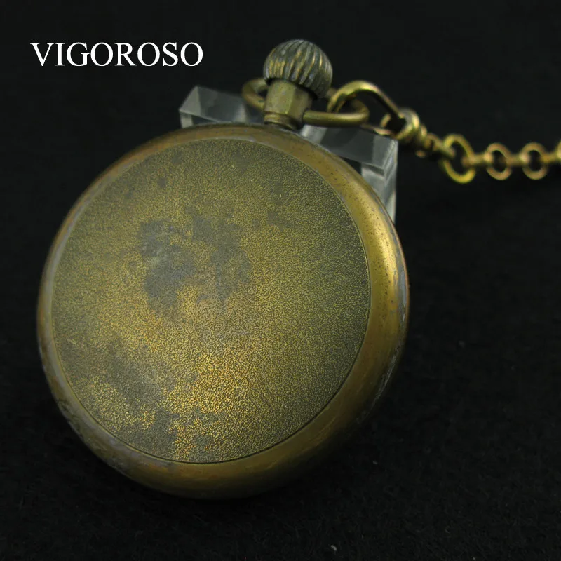 VIGOROSO Collectible Antique Old Copper Mechanical Pocket Watch FOB Chain Hand Winding Roman Numerals 12/24 Hours Vintage Clock
