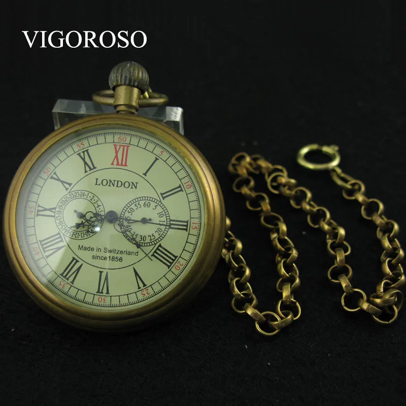 VIGOROSO Collectible Antique Old Copper Mechanical Pocket Watch FOB Chain Hand Winding Roman Numerals 12/24 Hours Vintage Clock