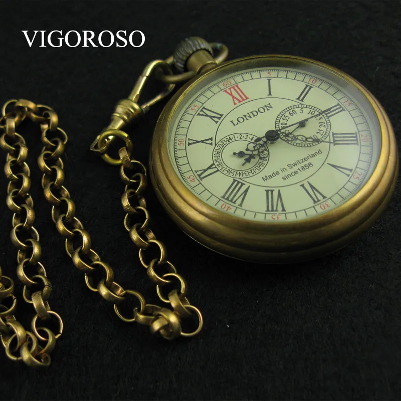 VIGOROSO Collectible Antique Old Copper Mechanical Pocket Watch FOB Chain Hand Winding Roman Numerals 12/24 Hours Vintage Clock