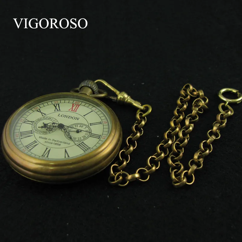 VIGOROSO Collectible Antique Old Copper Mechanical Pocket Watch FOB Chain Hand Winding Roman Numerals 12/24 Hours Vintage Clock