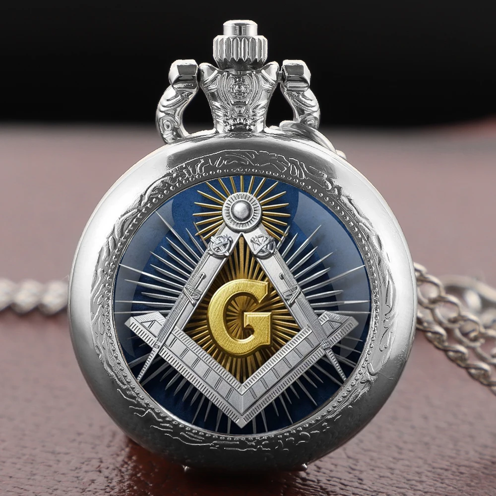 Glass Dome Quartz Pocket Watch with Mysterious Freemasonry Vintage Accessory Women Necklace Pendant Clock Men Gifts Kid Souvenir