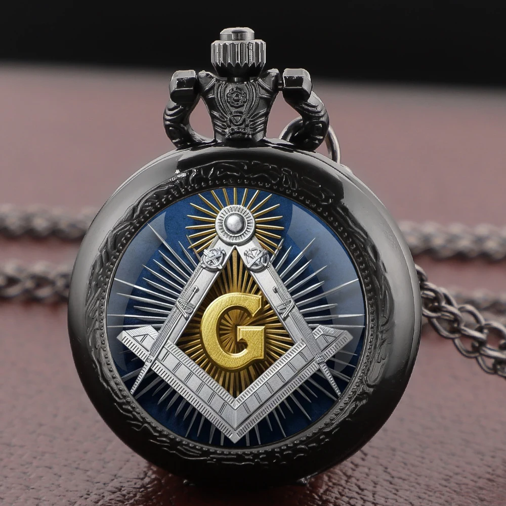 Glass Dome Quartz Pocket Watch with Mysterious Freemasonry Vintage Accessory Women Necklace Pendant Clock Men Gifts Kid Souvenir