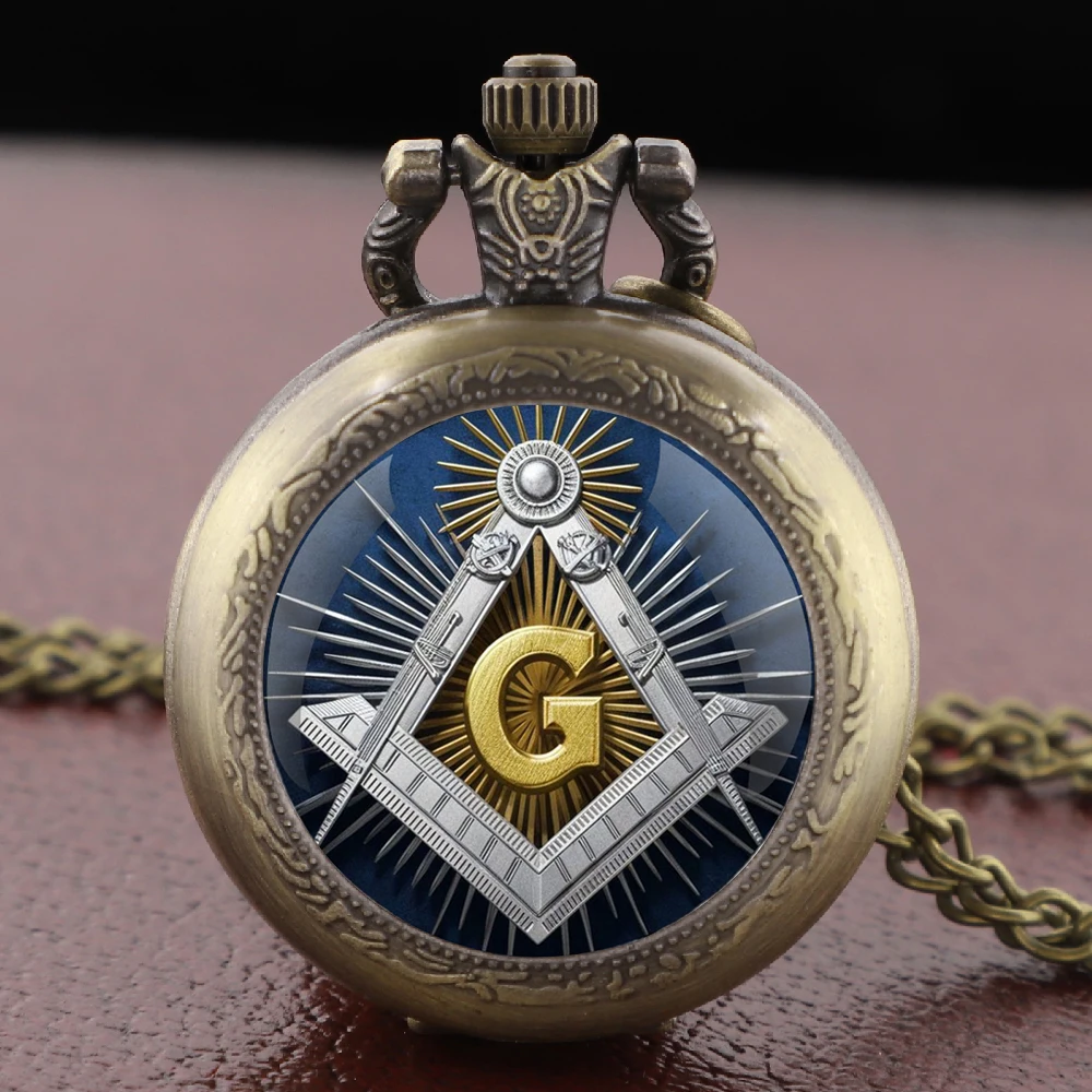 Glass Dome Quartz Pocket Watch with Mysterious Freemasonry Vintage Accessory Women Necklace Pendant Clock Men Gifts Kid Souvenir