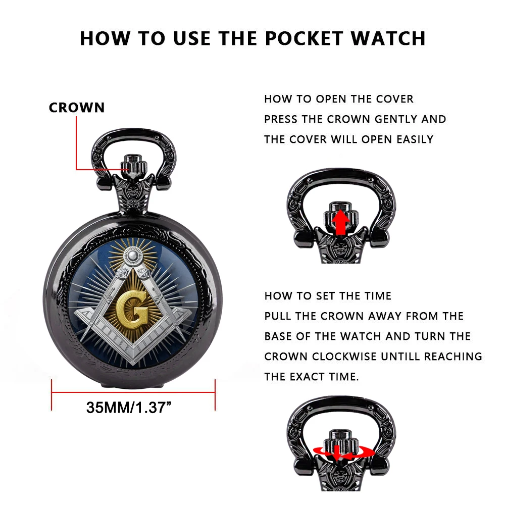 Glass Dome Quartz Pocket Watch with Mysterious Freemasonry Vintage Accessory Women Necklace Pendant Clock Men Gifts Kid Souvenir