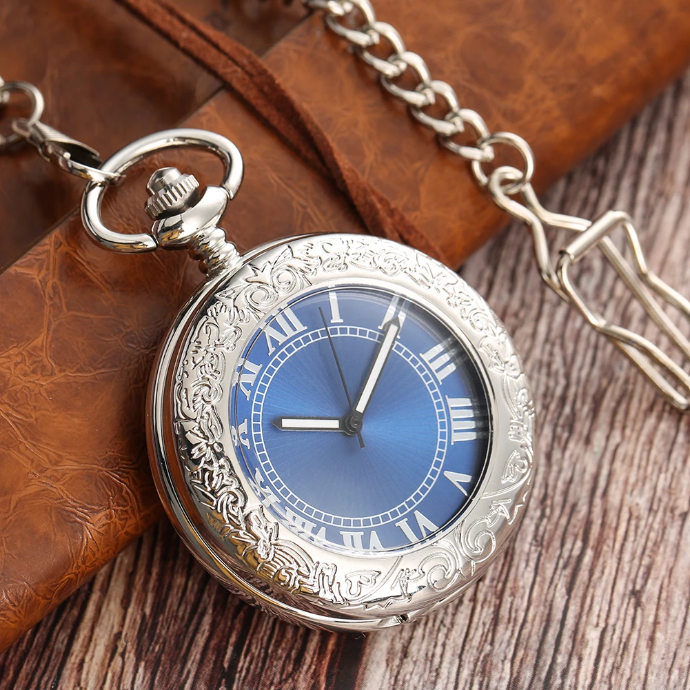 Transparent Glass Roman Numerals Blue Dial Automatic Mechanical Pocket Watch Silver Fob Chain Pendant Pocket Clock Vintage Gift