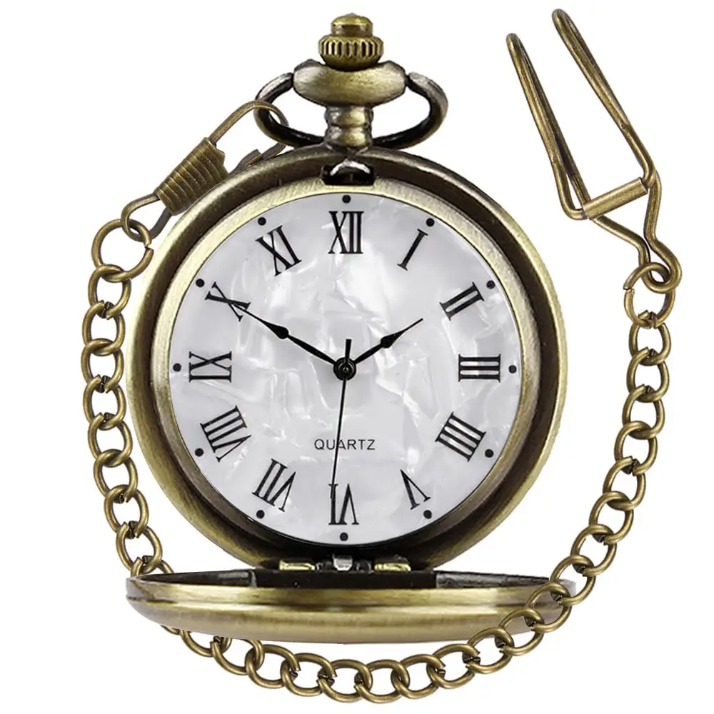 Vintage Pocket Watch with Chain Roman Numerals Smooth Steel Men's Quartz Pocket Watches with Chain Clip for Men