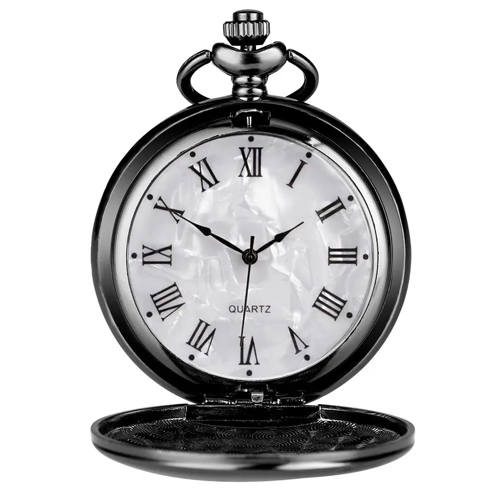 Vintage Pocket Watch with Chain Roman Numerals Smooth Steel Men's Quartz Pocket Watches with Chain Clip for Men