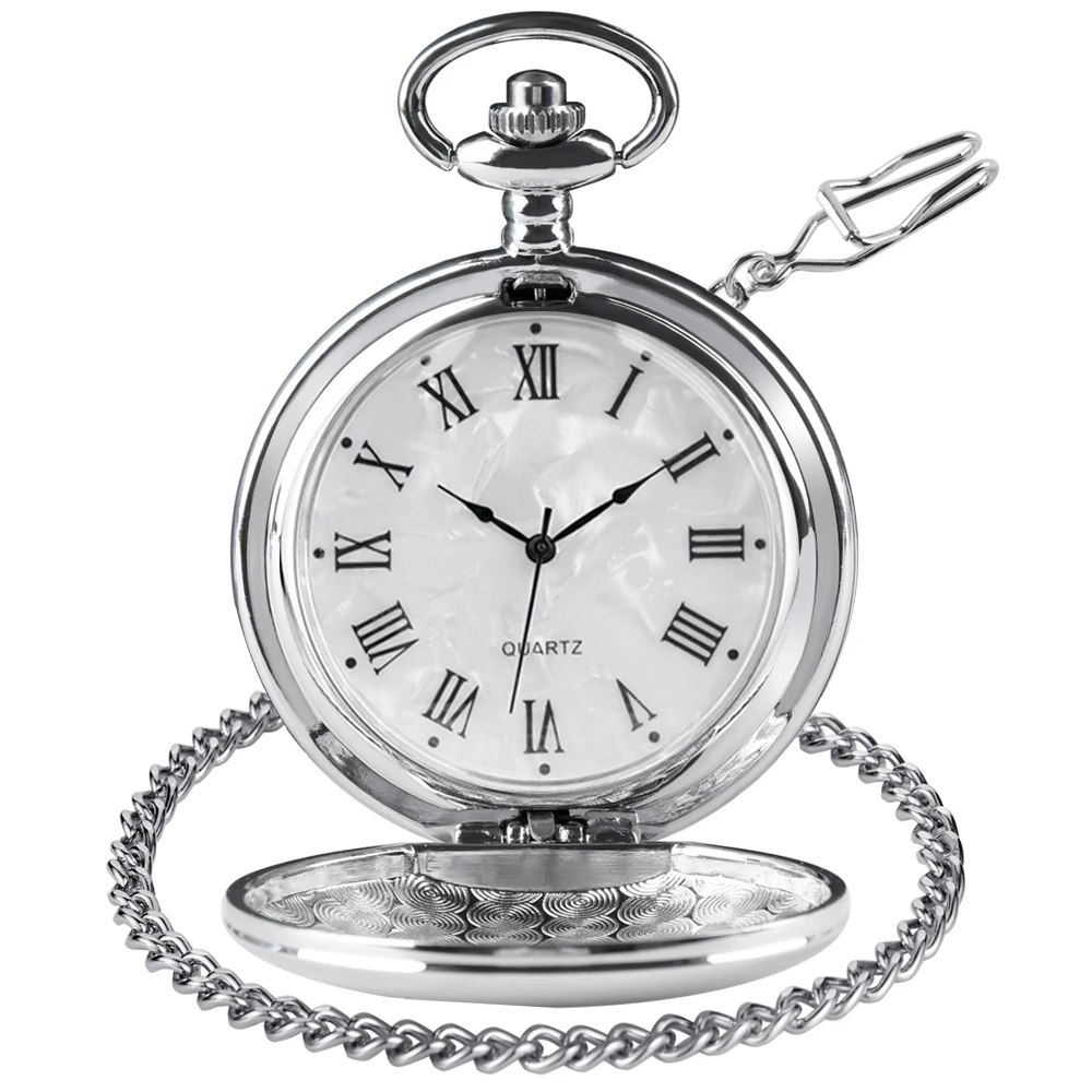 Vintage Pocket Watch with Chain Roman Numerals Smooth Steel Men's Quartz Pocket Watches with Chain Clip for Men