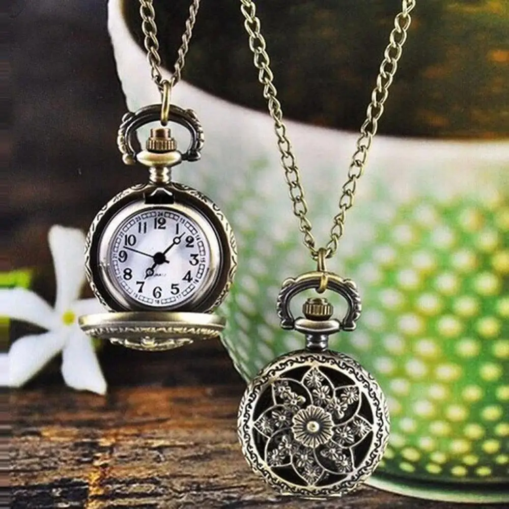 Pocket Watch Retro Vintage Steampunk Quartz Necklace Hollow Carving Pendant Chain Clock Windmill Bronze Quartz Pocket Watch