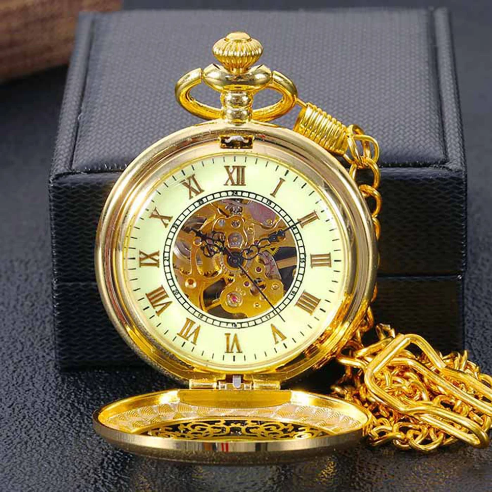 Gold Mechanical Pocket Watches with Hollow Carving Personalized Necklace Chain Watches Gift for Birthday Christmas