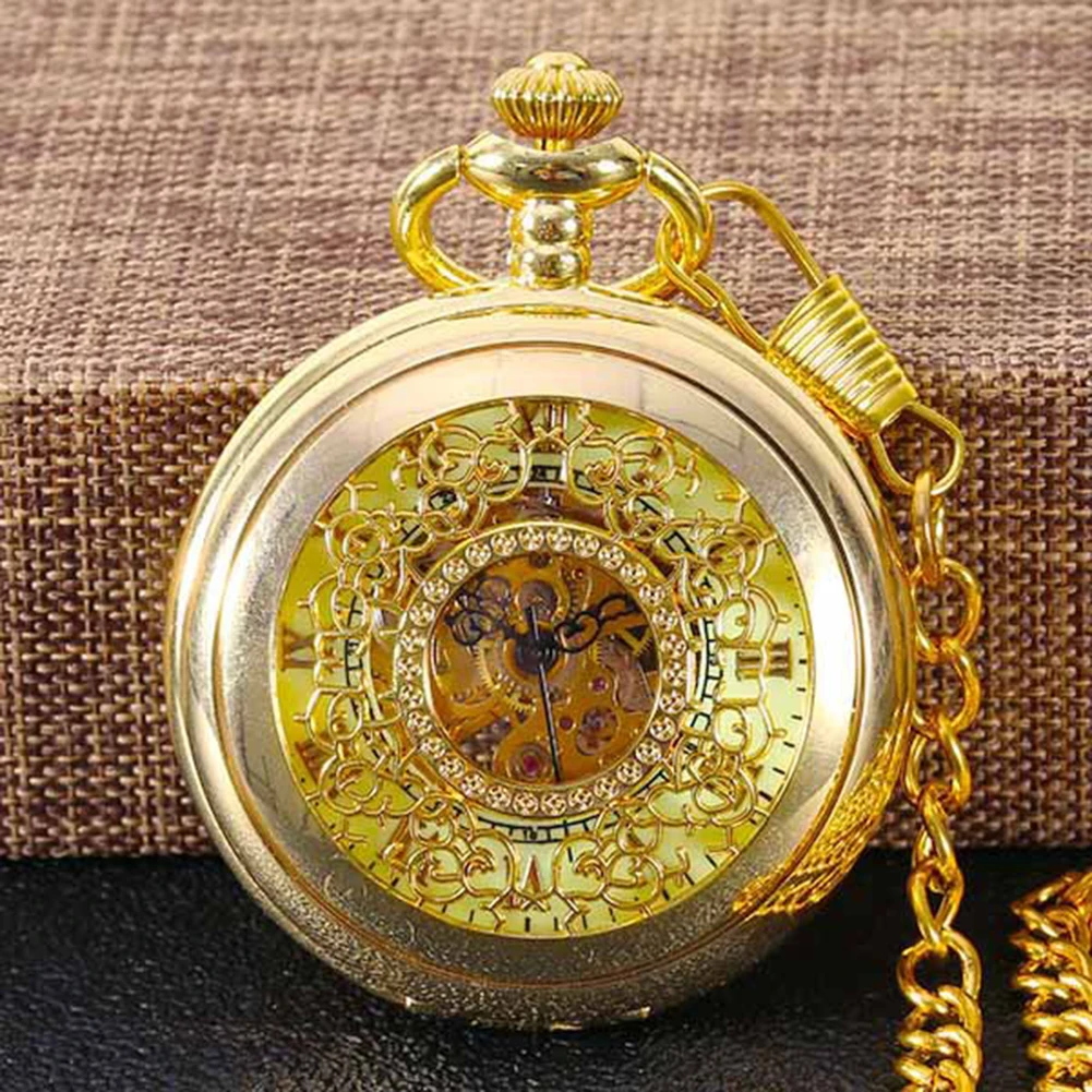 Gold Mechanical Pocket Watches with Hollow Carving Personalized Necklace Chain Watches Gift for Birthday Christmas