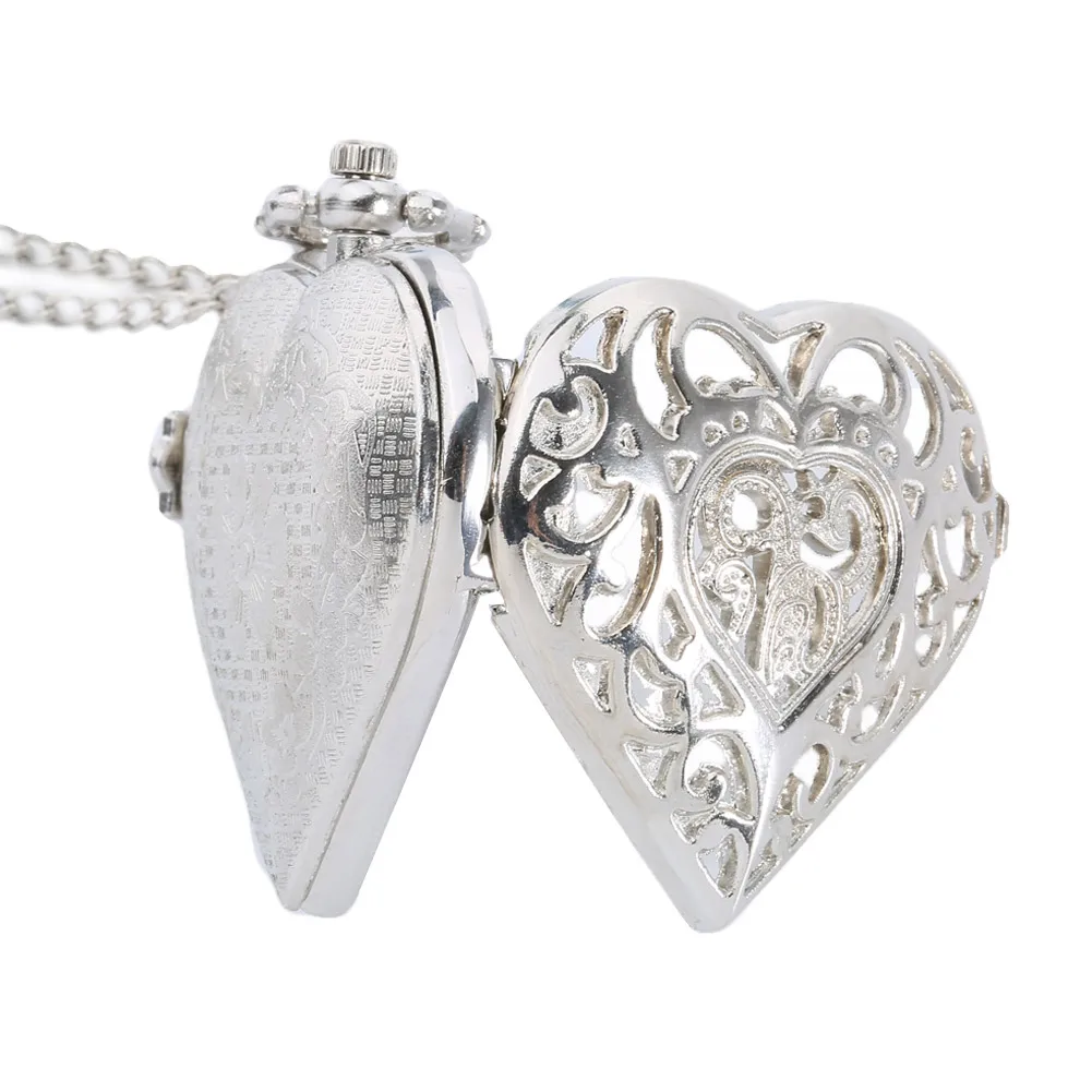 Fashion Silver Heart Shaped Lovely Hollow Elegant Quartz Pocket Watch Necklace Pendant for Women Ladies Girl Birthday Gift