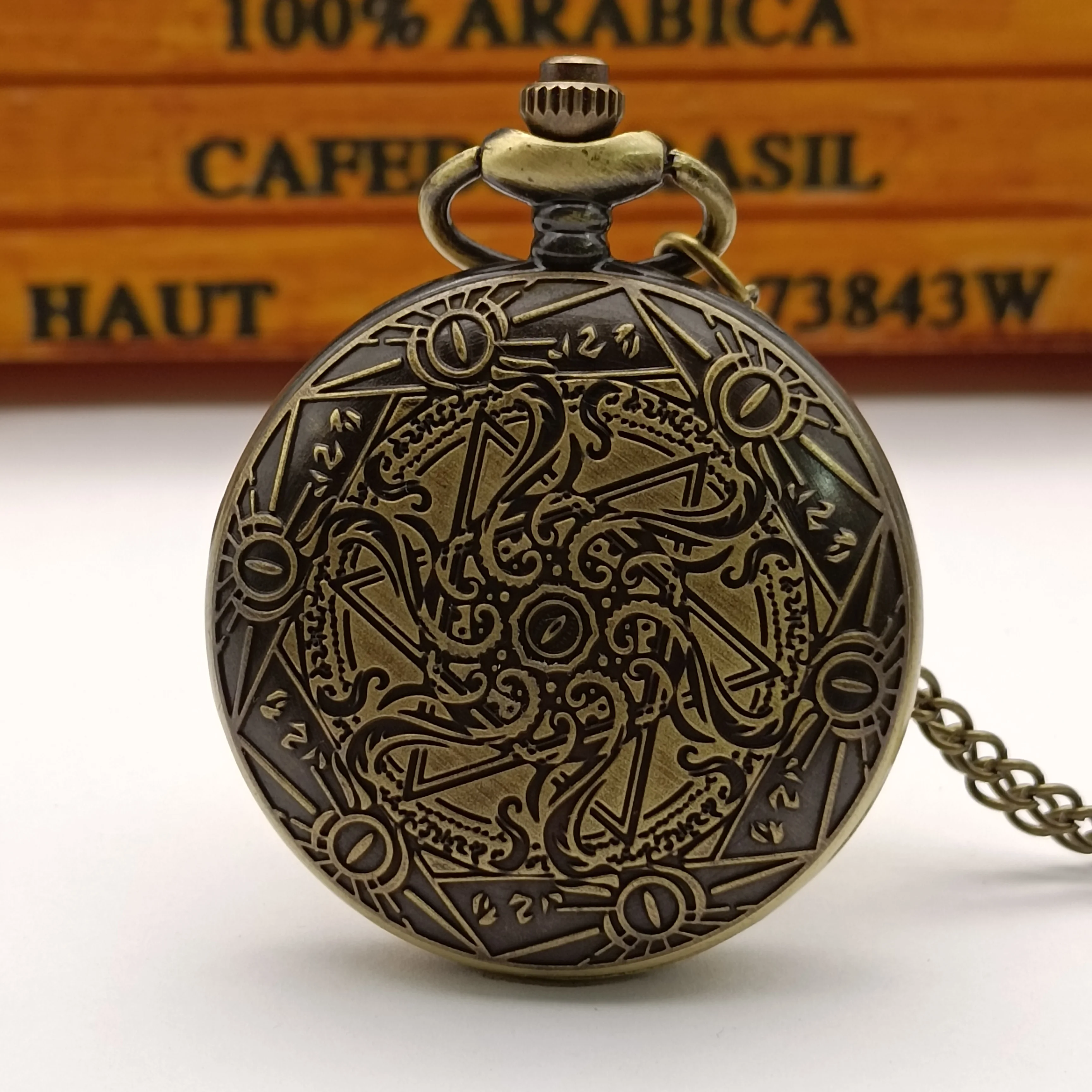 Vintage Bronze Zodiac Theme Stone Golden Roman Literal English Pocket Watch Pendant Jewelry Necklace Gift Collection