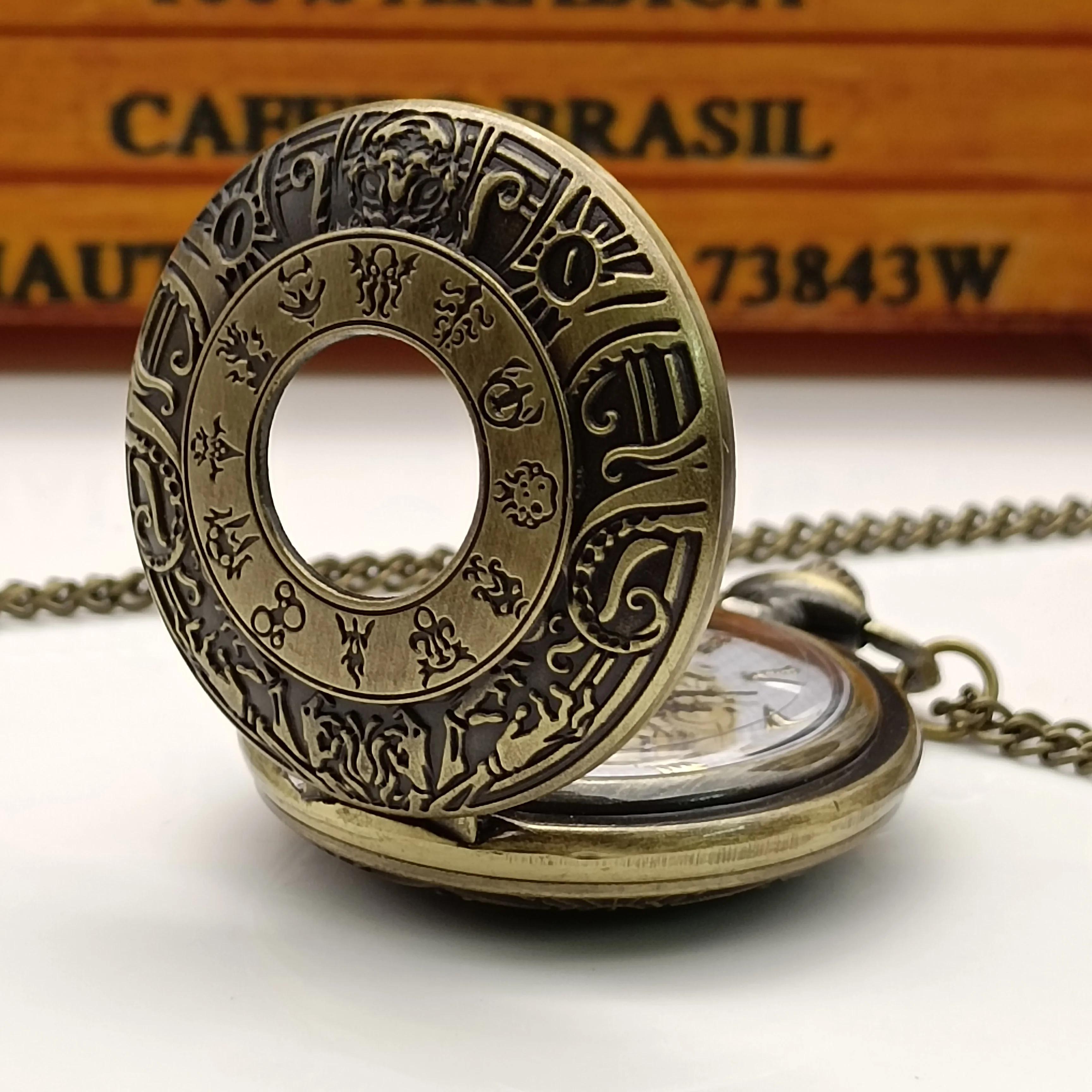 Vintage Bronze Zodiac Theme Stone Golden Roman Literal English Pocket Watch Pendant Jewelry Necklace Gift Collection