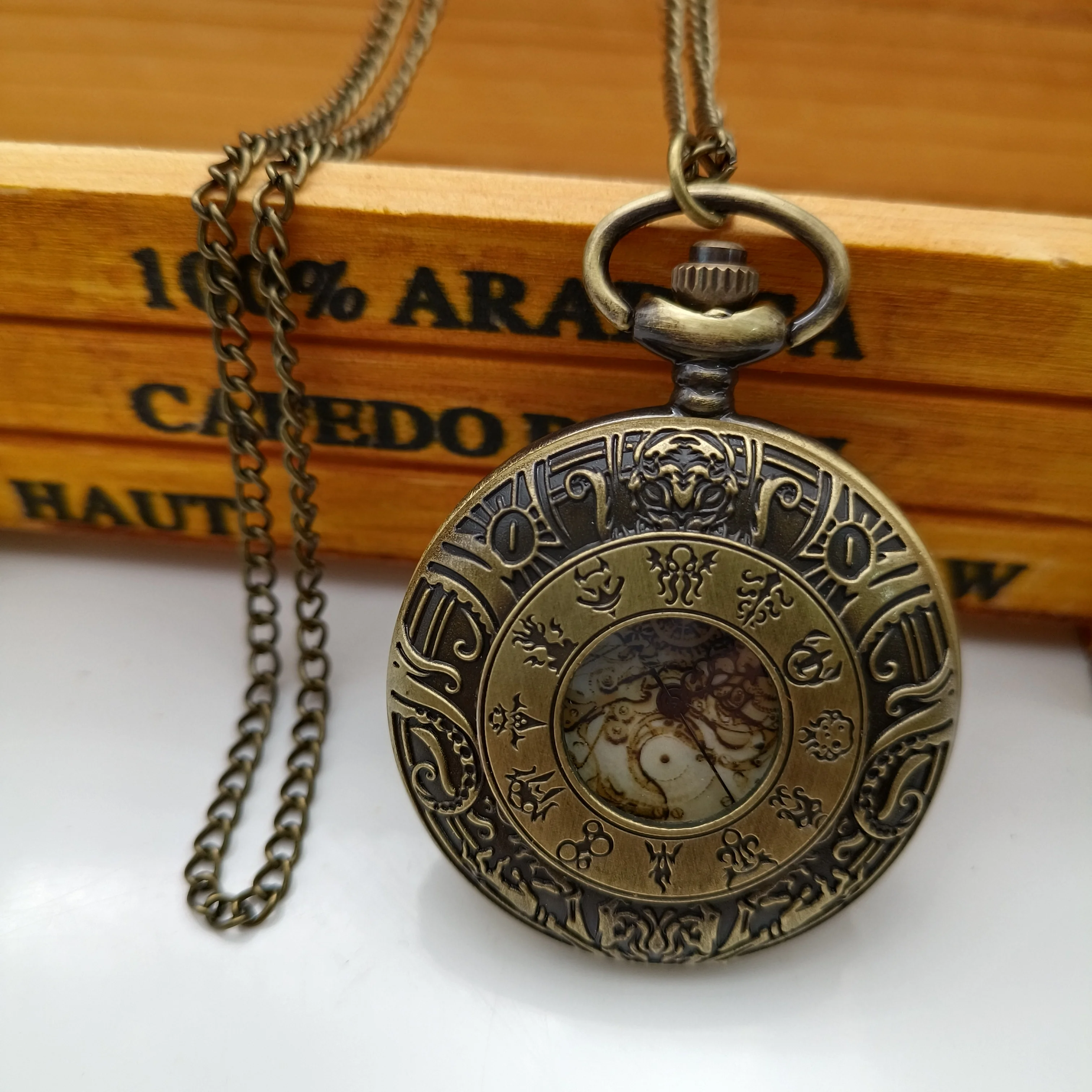 Vintage Bronze Zodiac Theme Stone Golden Roman Literal English Pocket Watch Pendant Jewelry Necklace Gift Collection