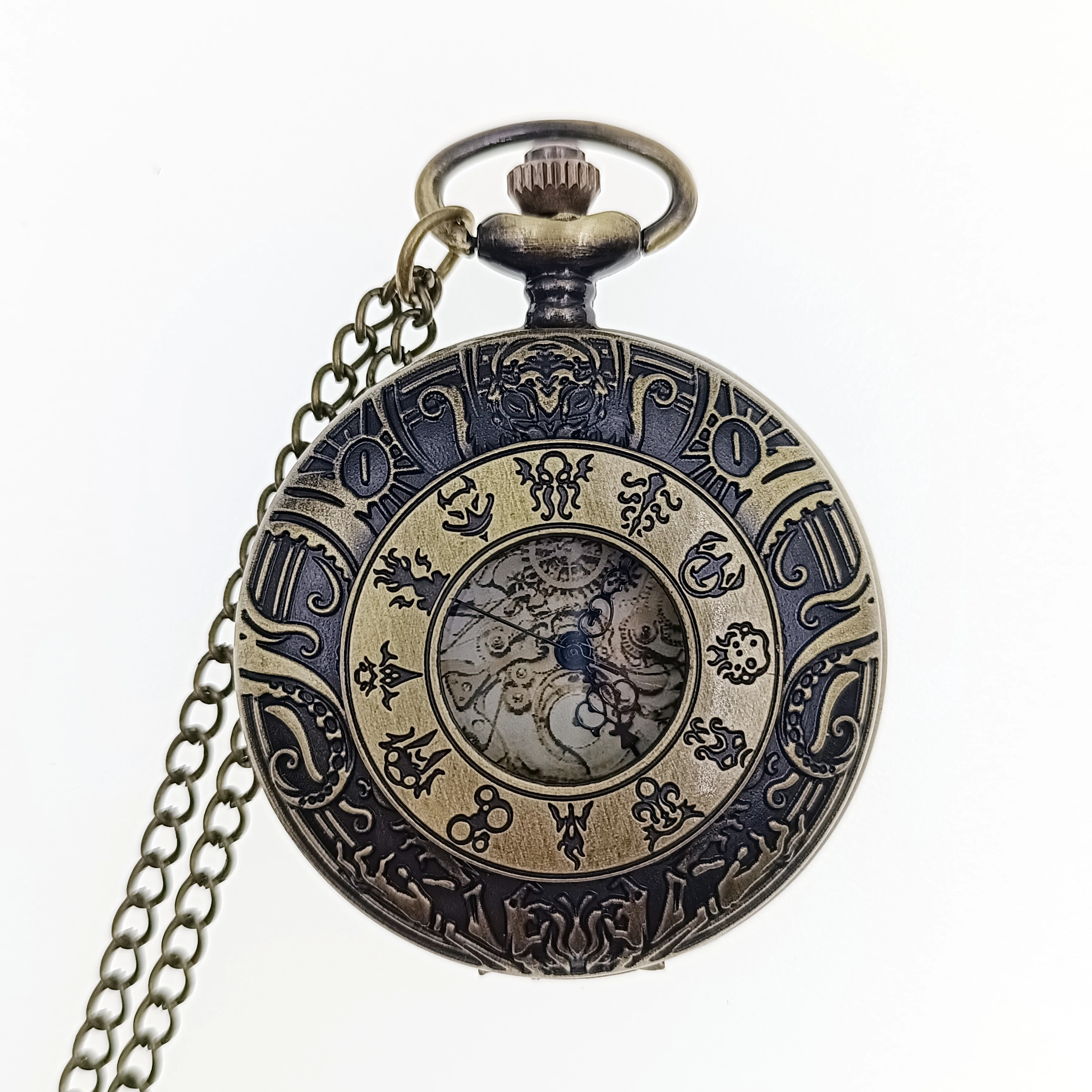 Vintage Bronze Zodiac Theme Stone Golden Roman Literal English Pocket Watch Pendant Jewelry Necklace Gift Collection