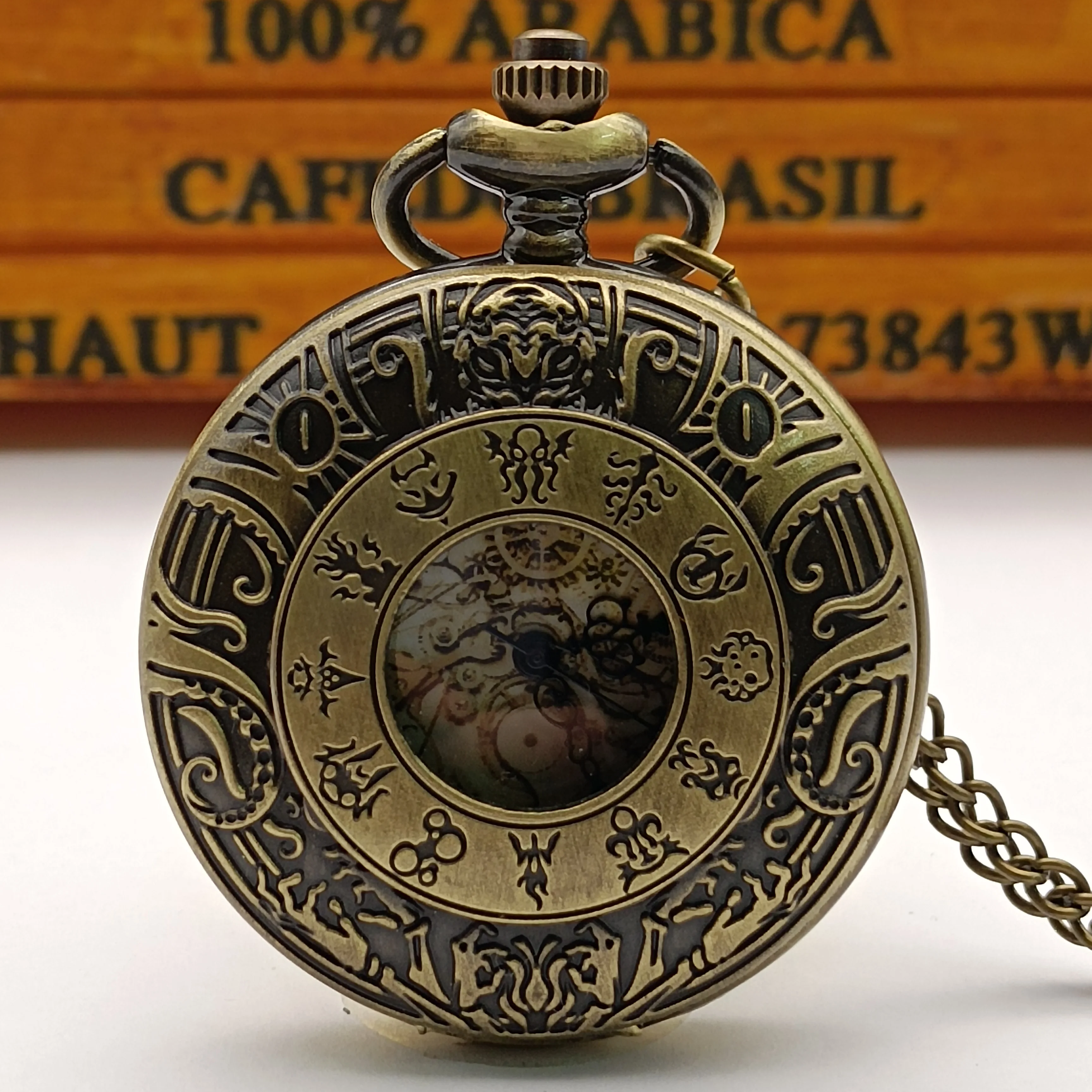 Vintage Bronze Zodiac Theme Stone Golden Roman Literal English Pocket Watch Pendant Jewelry Necklace Gift Collection