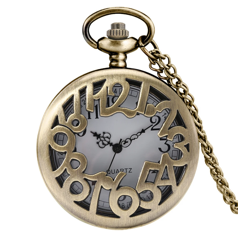Hollow Bronze Quartz Pocket Watch Necklace Clock Arabic Numerals Dial Classic Vintage Pendant Timepiece Gift for Men Women
