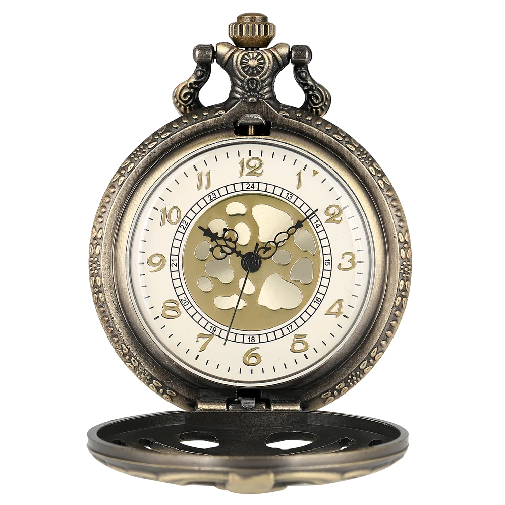 Hollow Bronze Quartz Pocket Watch Necklace Clock Arabic Numerals Dial Classic Vintage Pendant Timepiece Gift for Men Women