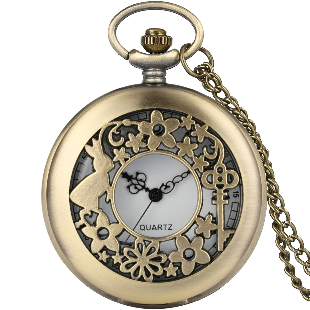 Hollow Bronze Quartz Pocket Watch Necklace Clock Arabic Numerals Dial Classic Vintage Pendant Timepiece Gift for Men Women