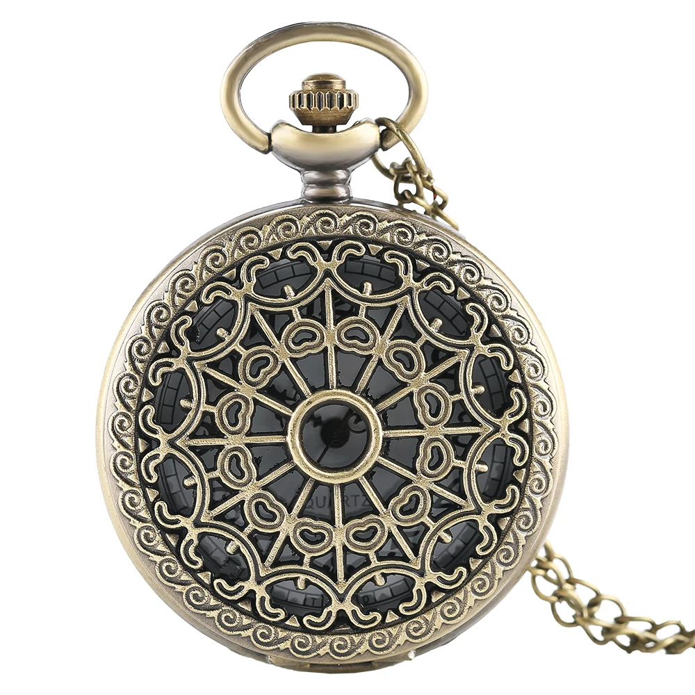 Hollow Bronze Quartz Pocket Watch Necklace Clock Arabic Numerals Dial Classic Vintage Pendant Timepiece Gift for Men Women