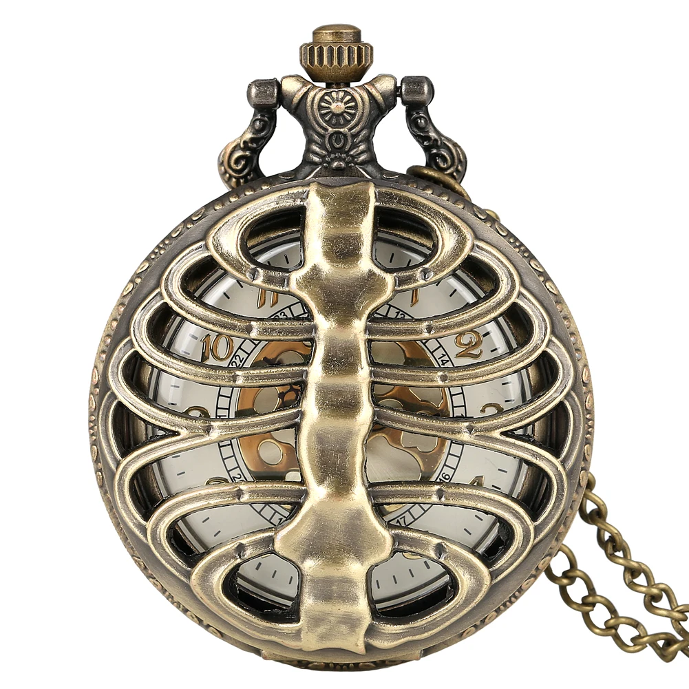 Hollow Bronze Quartz Pocket Watch Necklace Clock Arabic Numerals Dial Classic Vintage Pendant Timepiece Gift for Men Women
