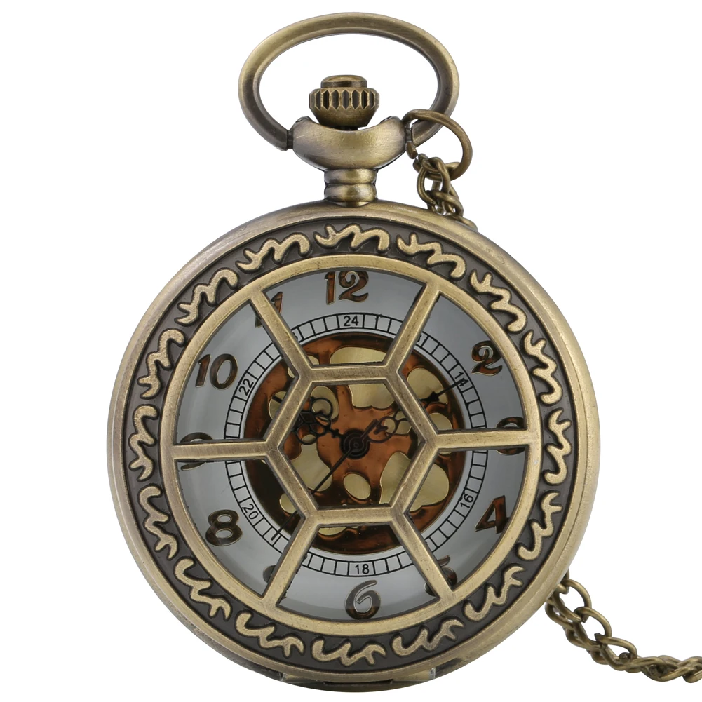 Hollow Bronze Quartz Pocket Watch Necklace Clock Arabic Numerals Dial Classic Vintage Pendant Timepiece Gift for Men Women