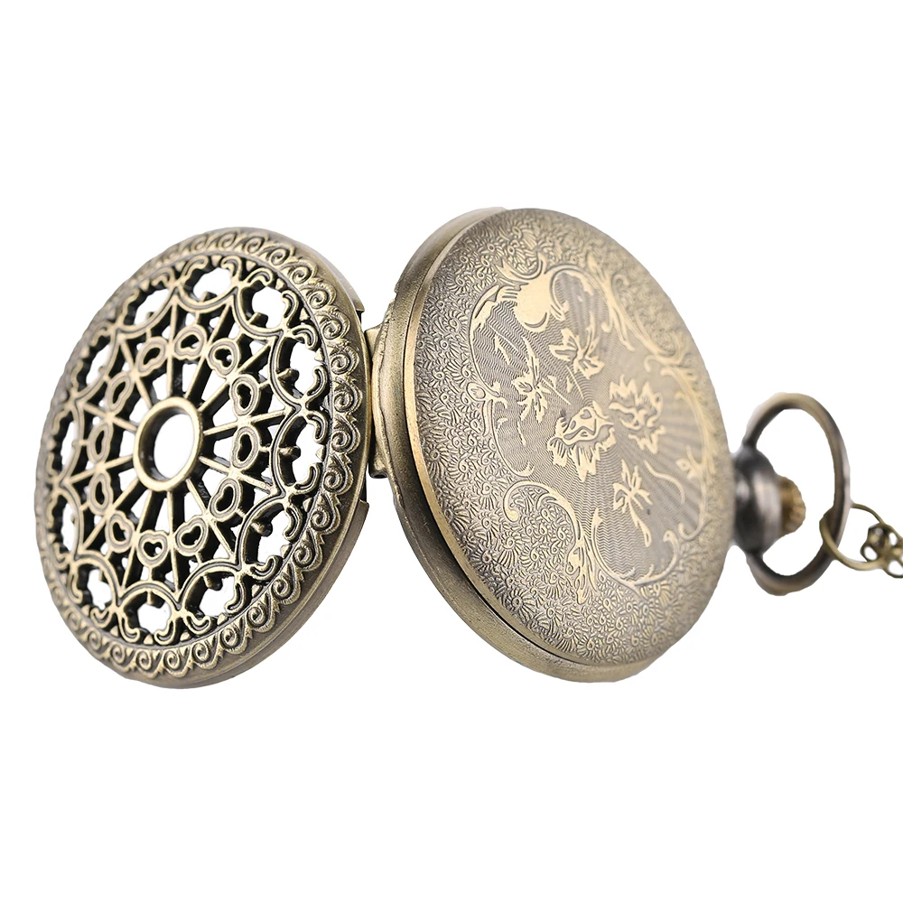 Hollow Bronze Quartz Pocket Watch Necklace Clock Arabic Numerals Dial Classic Vintage Pendant Timepiece Gift for Men Women