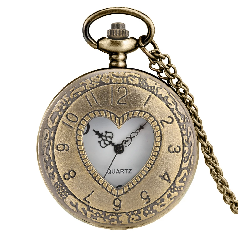 Hollow Bronze Quartz Pocket Watch Necklace Clock Arabic Numerals Dial Classic Vintage Pendant Timepiece Gift for Men Women