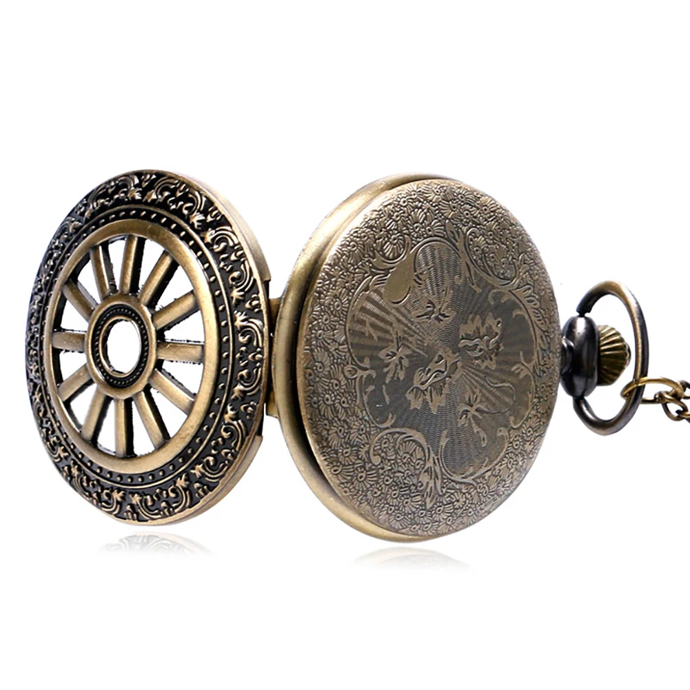 Hollow Bronze Quartz Pocket Watch Necklace Clock Arabic Numerals Dial Classic Vintage Pendant Timepiece Gift for Men Women