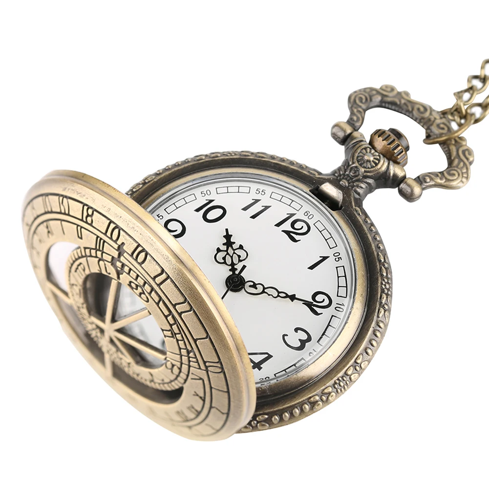 Hollow Bronze Quartz Pocket Watch Necklace Clock Arabic Numerals Dial Classic Vintage Pendant Timepiece Gift for Men Women