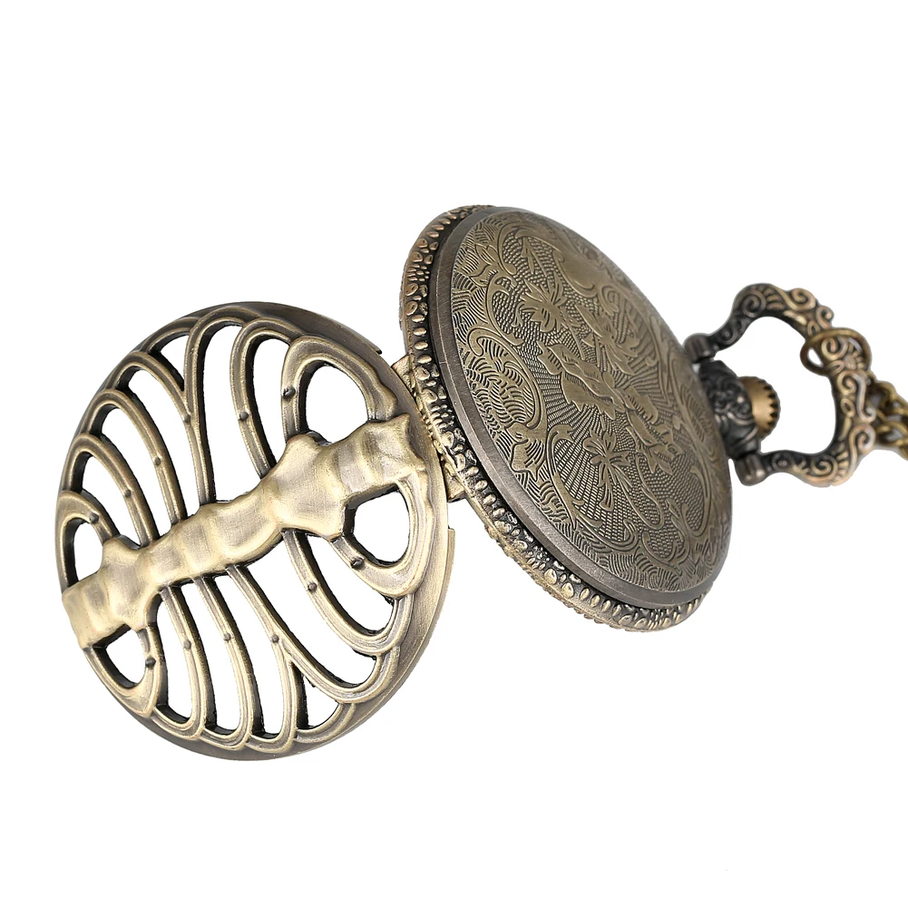 Hollow Bronze Quartz Pocket Watch Necklace Clock Arabic Numerals Dial Classic Vintage Pendant Timepiece Gift for Men Women