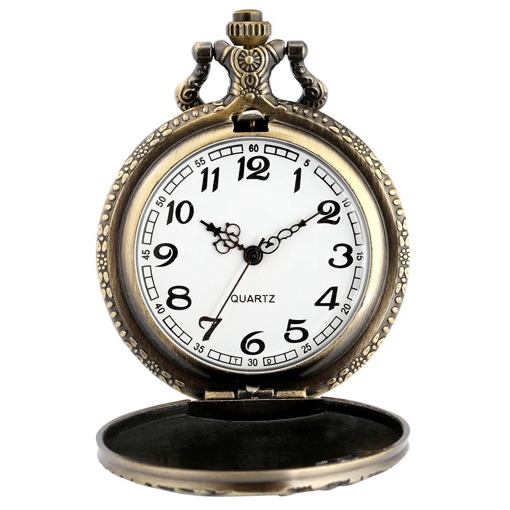 Hollow Bronze Quartz Pocket Watch Necklace Clock Arabic Numerals Dial Classic Vintage Pendant Timepiece Gift for Men Women