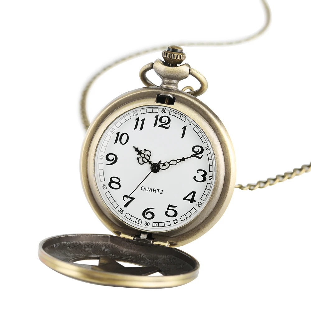 Hollow Bronze Quartz Pocket Watch Necklace Clock Arabic Numerals Dial Classic Vintage Pendant Timepiece Gift for Men Women