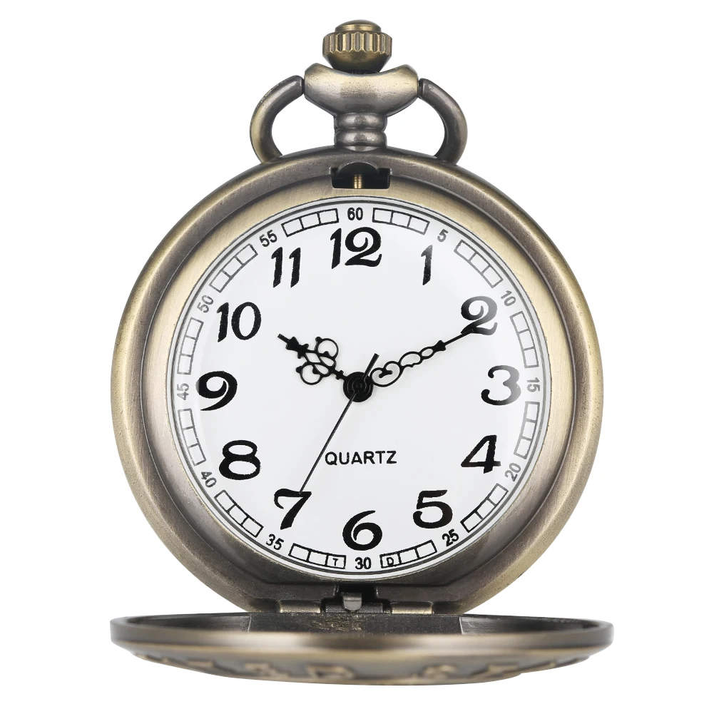 Hollow Bronze Quartz Pocket Watch Necklace Clock Arabic Numerals Dial Classic Vintage Pendant Timepiece Gift for Men Women
