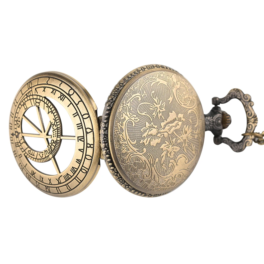 Hollow Bronze Quartz Pocket Watch Necklace Clock Arabic Numerals Dial Classic Vintage Pendant Timepiece Gift for Men Women