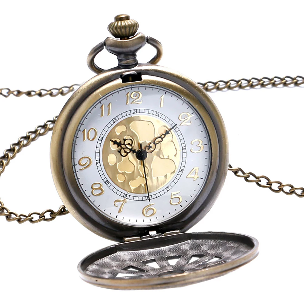 Hollow Bronze Quartz Pocket Watch Necklace Clock Arabic Numerals Dial Classic Vintage Pendant Timepiece Gift for Men Women