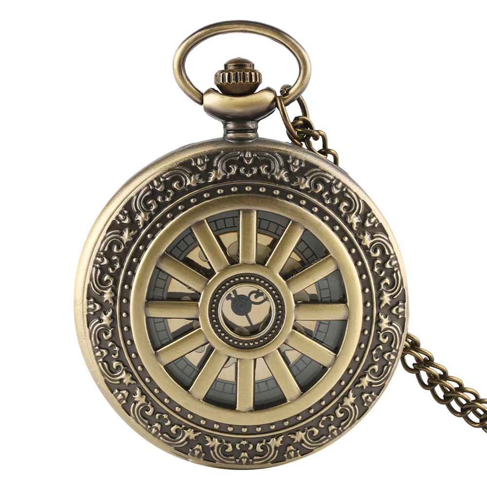 Hollow Bronze Quartz Pocket Watch Necklace Clock Arabic Numerals Dial Classic Vintage Pendant Timepiece Gift for Men Women